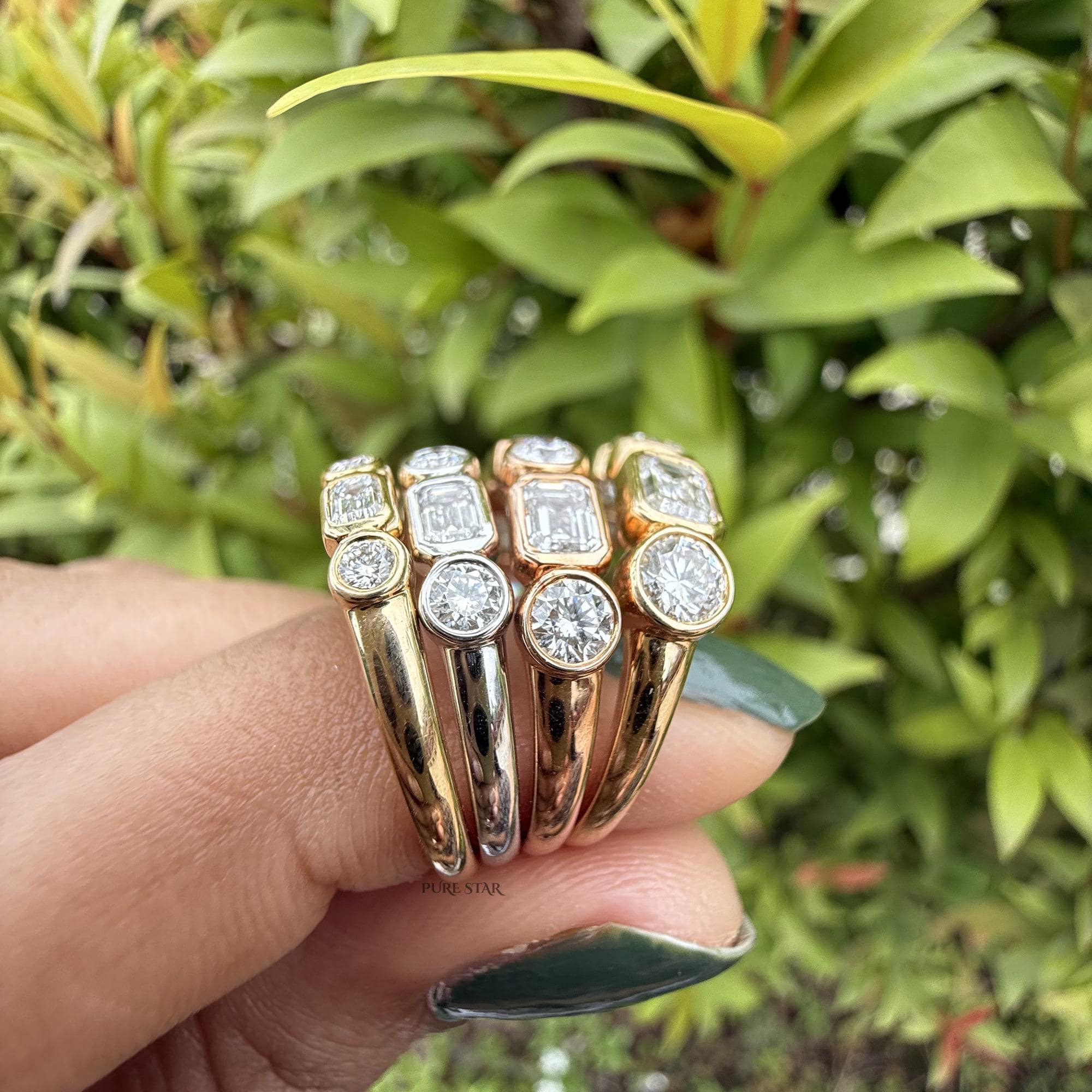 Emerald & Round Cut Bezel Set Half Eternity, Diamond Wedding Band, Gold Lab Grown Diamond Anniversary Ring, Bridal Ring, Gift For Her