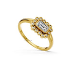 Emerald Cut Bezel Diamond Ring Art Deco Halo Engagement Ring Lab Grown Diamond Round Gold Proposal Ring Gift for Her