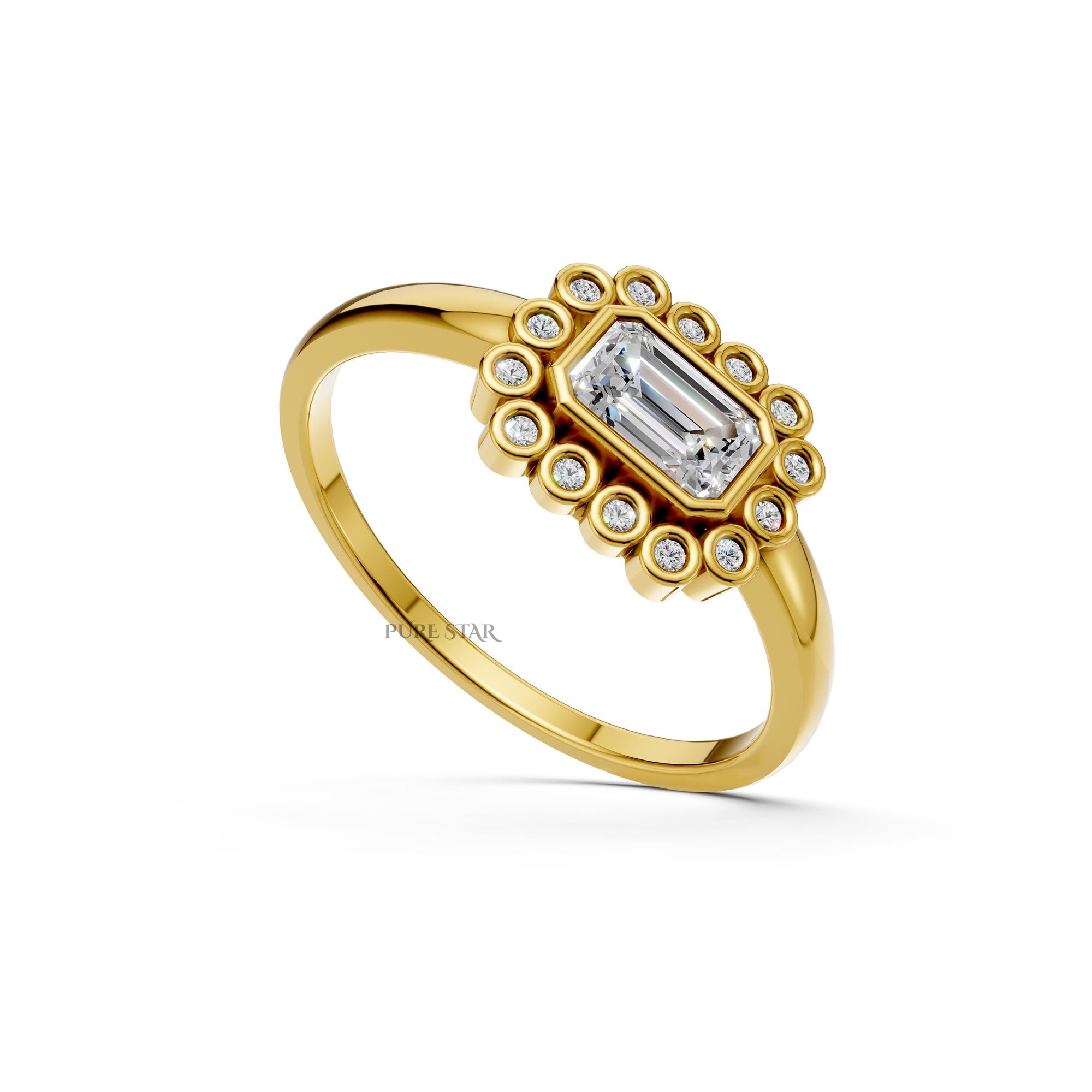 Emerald Cut Bezel Diamond Ring Art Deco Halo Engagement Ring Lab Grown Diamond Round Gold Proposal Ring Gift for Her