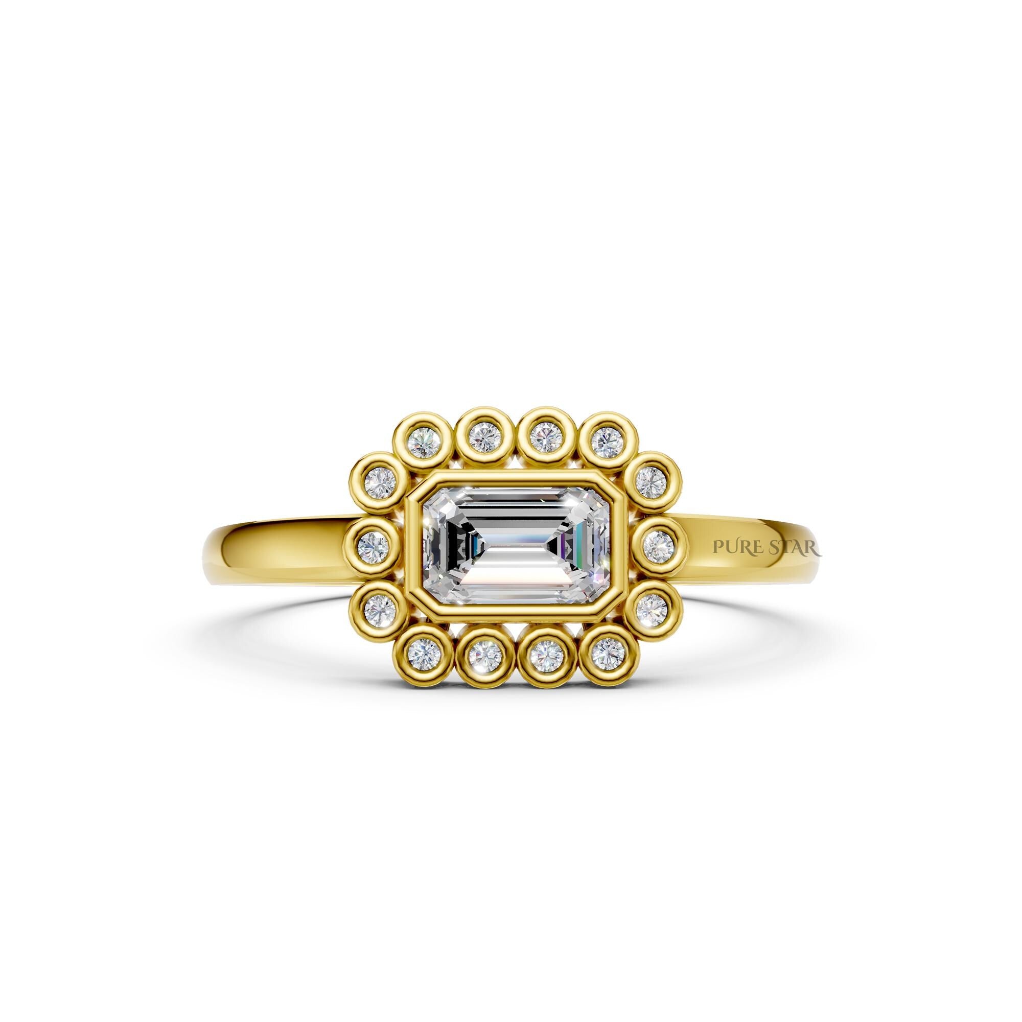 Emerald Cut Bezel Diamond Ring Art Deco Halo Engagement Ring Lab Grown Diamond Round Gold Proposal Ring Gift for Her
