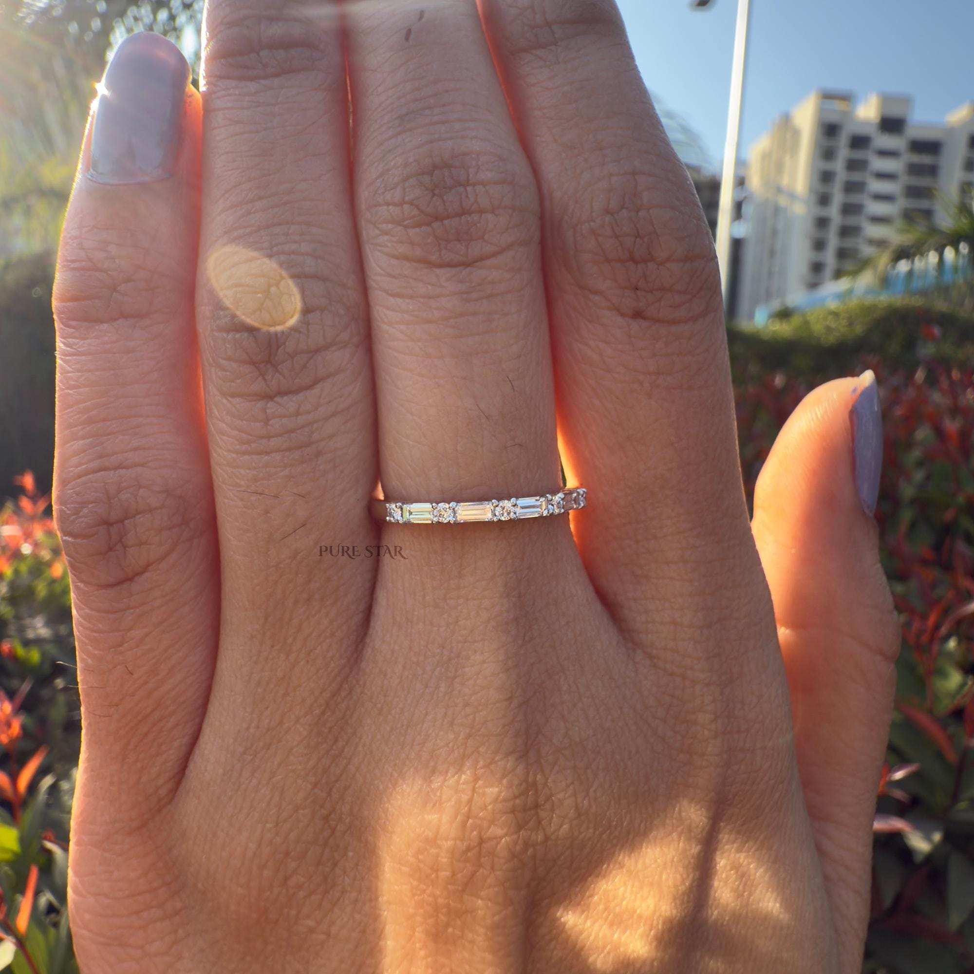 Lab Grown Diamond Half Eternity Ring | Baguette & Round Minimalist Band in Gold | Wedding Anniversary Ring for Women