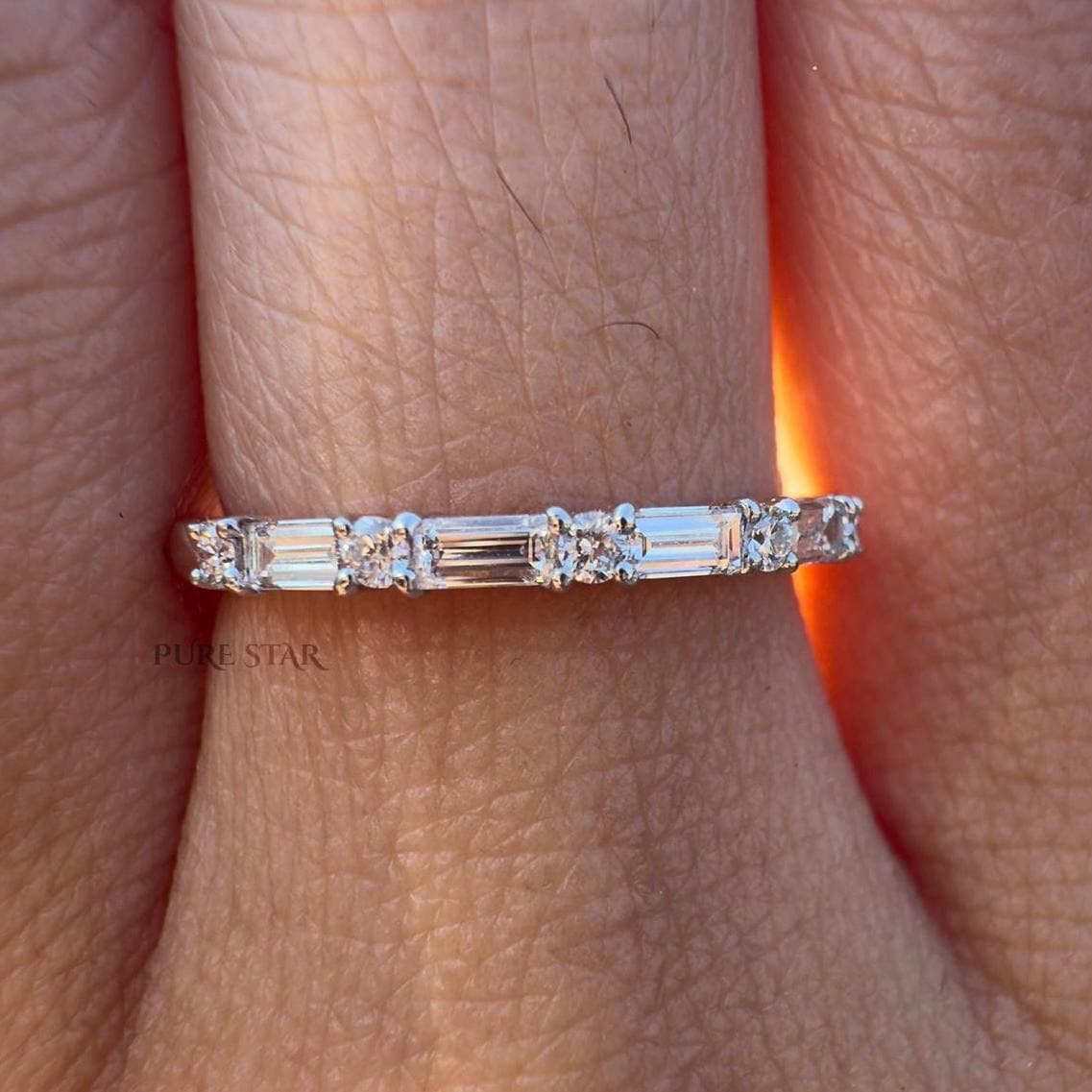 Lab Grown Diamond Half Eternity Ring | Baguette & Round Minimalist Band in Gold | Wedding Anniversary Ring for Women