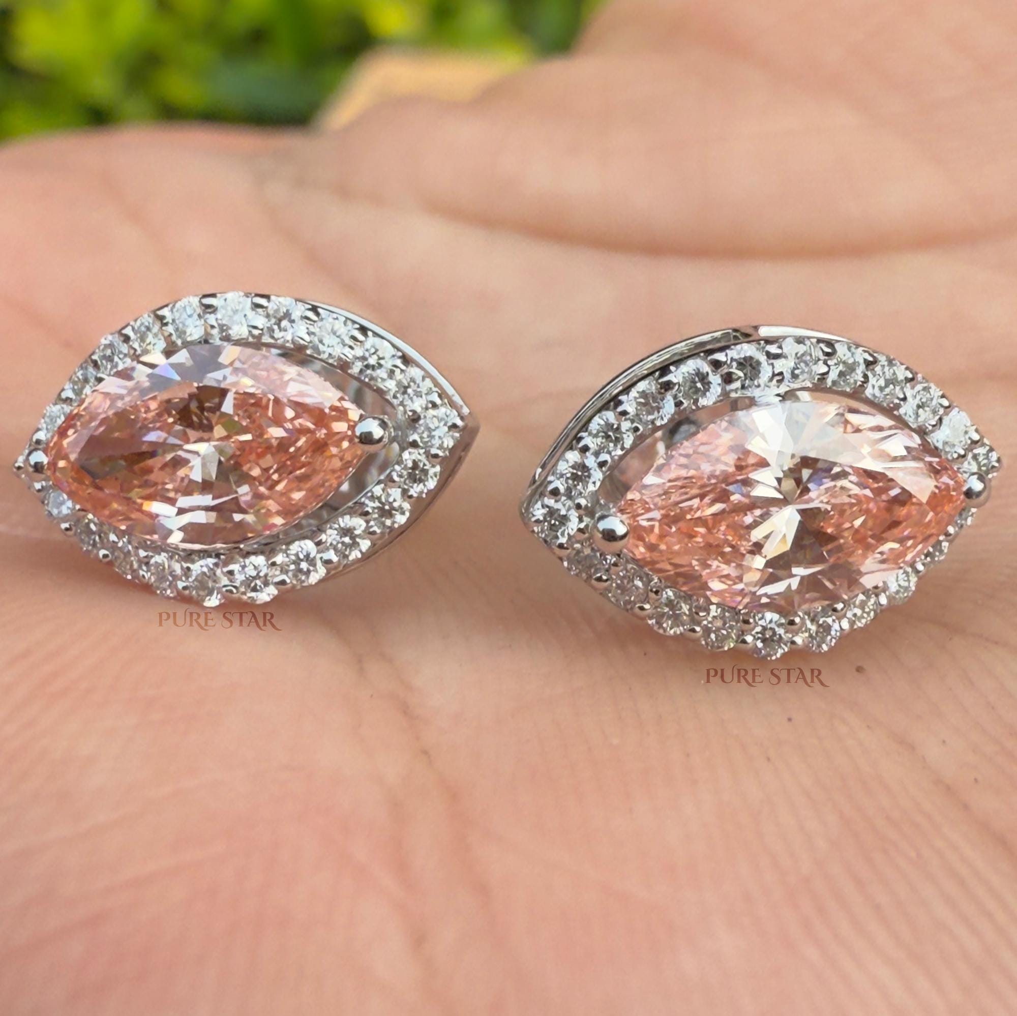 Pink Lab Grown Diamond Earrings | Marquise Halo Studs in White Gold | Luxury Mothers Day Gift for Women