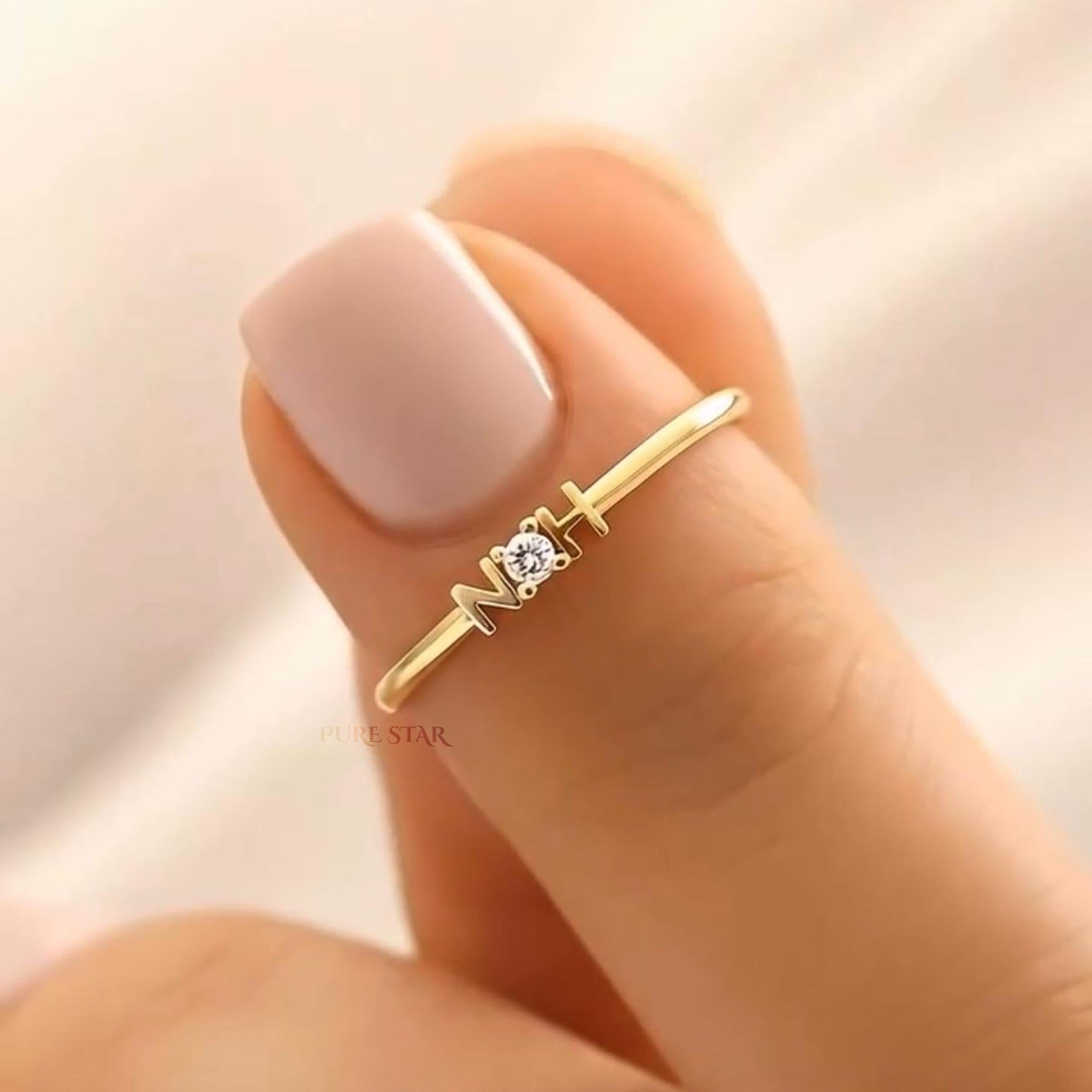Custom Initial Letter Ring 14K Gold | Round Lab Grown Diamond Letter Ring | Yellow Gold Name Ring