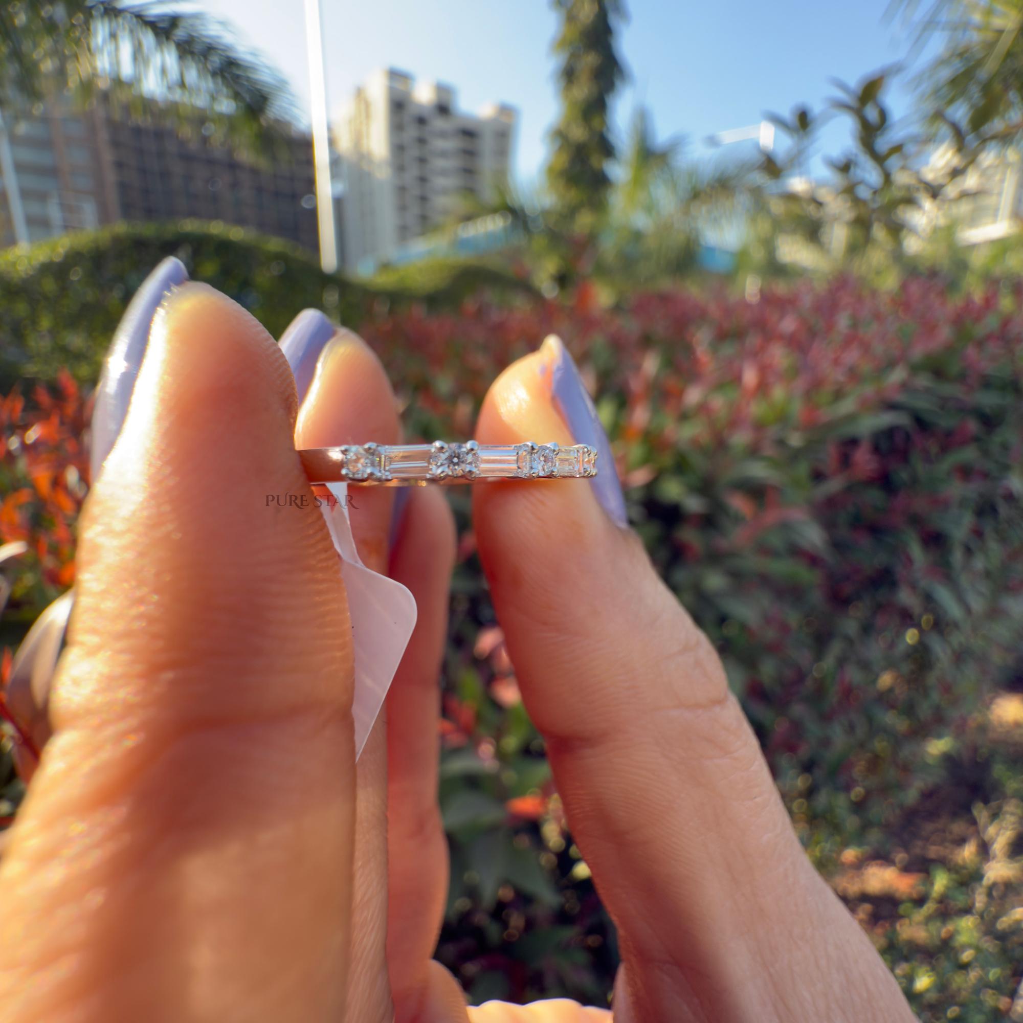 Lab Grown Diamond Half Eternity Ring | Baguette & Round Minimalist Band in Gold | Wedding Anniversary Ring for Women
