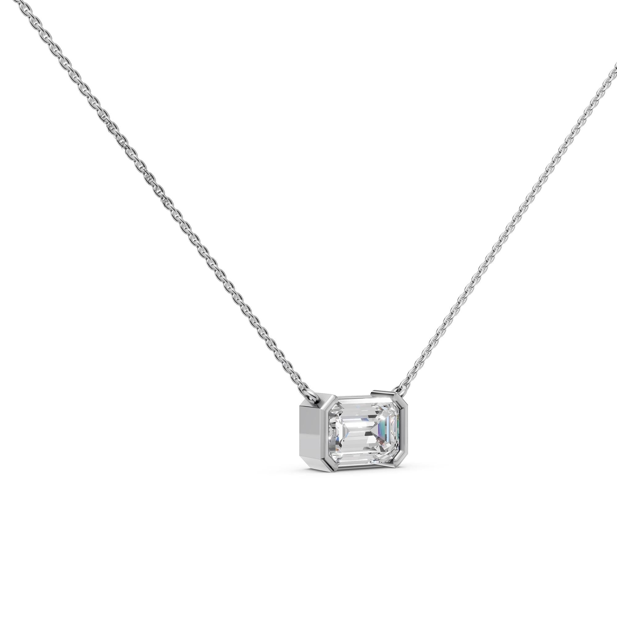 Emerald Cut Lab Grown Diamond Necklace | 4.00 CT Half Bezel Pendant in 14K Gold | IGI Certified Solitaire Wedding Necklace for Her
