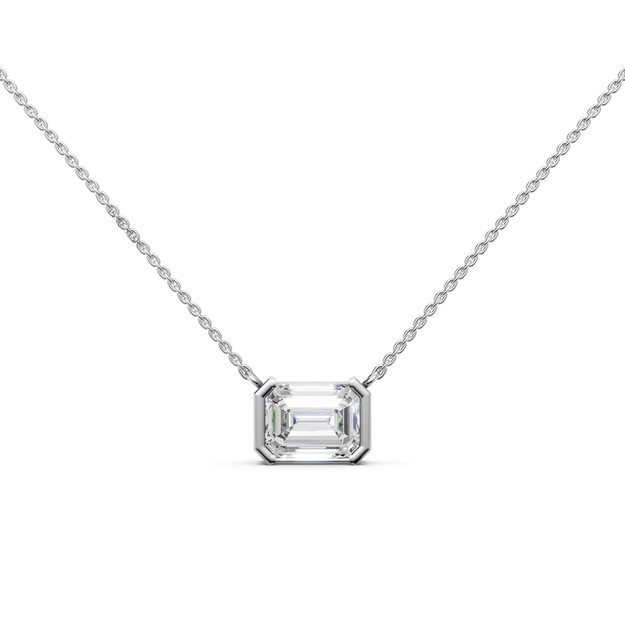 Emerald Cut Lab Grown Diamond Necklace | 4.00 CT Half Bezel Pendant in 14K Gold | IGI Certified Solitaire Wedding Necklace for Her