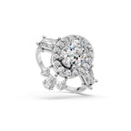 Oval Cut Diamond Halo Engagement Ring | Lab Grown Vintage Bridal Ring in Rose, White, Yellow Gold | Pear & Baguette Side Stones