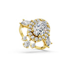 Oval Cut Diamond Halo Engagement Ring | Lab Grown Vintage Bridal Ring in Rose, White, Yellow Gold | Pear & Baguette Side Stones