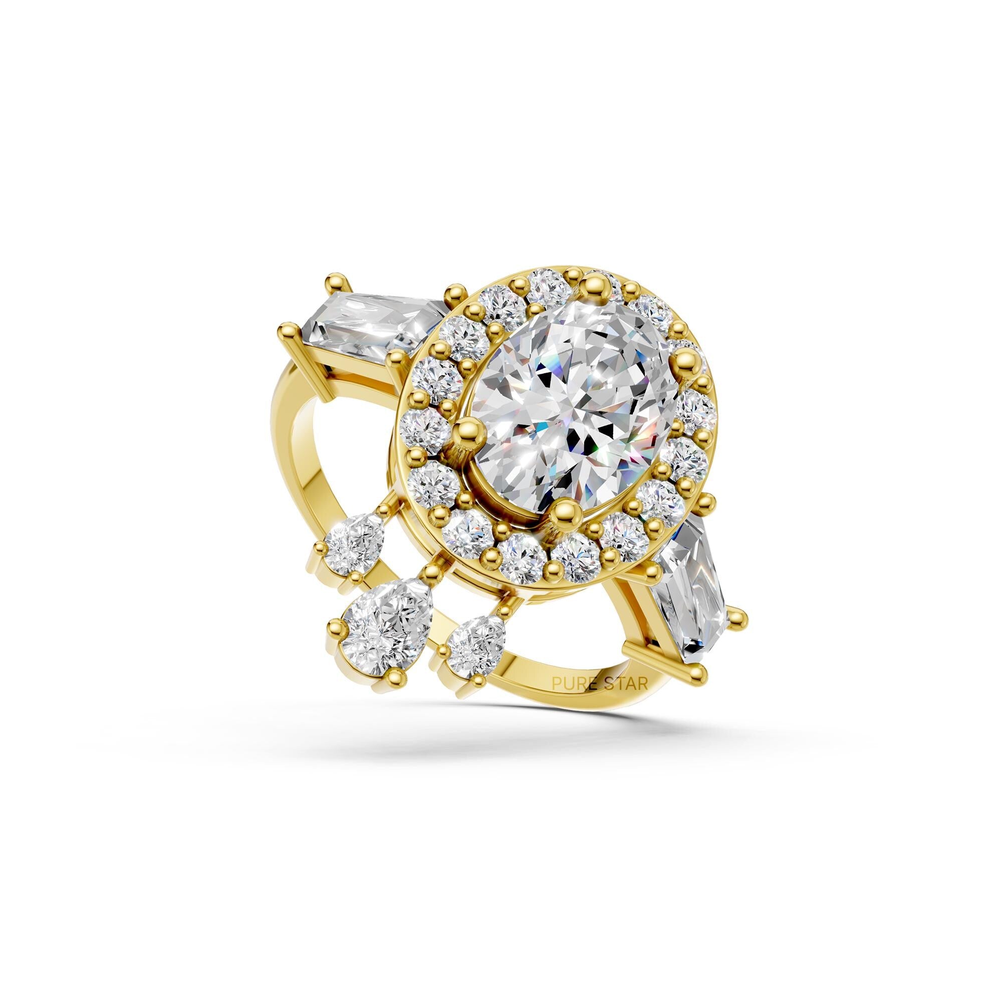 Oval Cut Diamond Halo Engagement Ring | Lab Grown Vintage Bridal Ring in Rose, White, Yellow Gold | Pear & Baguette Side Stones