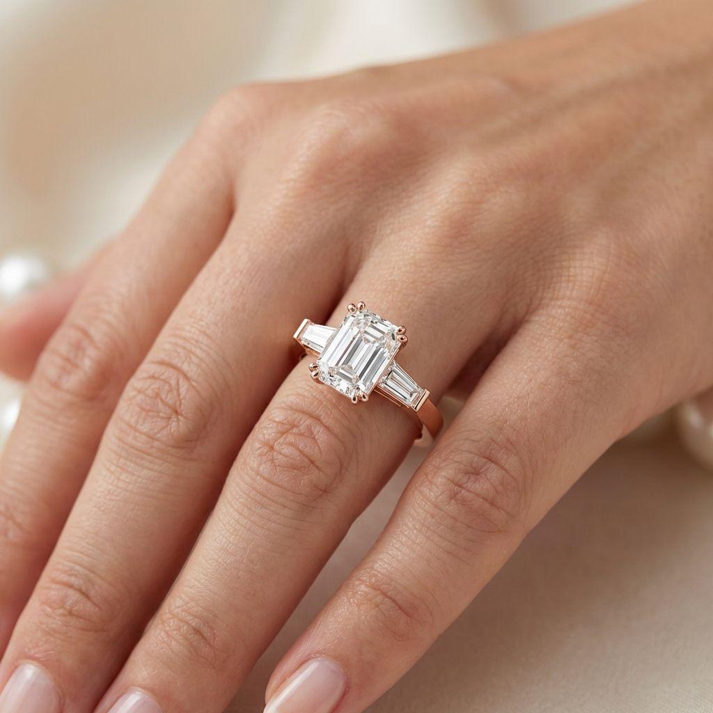 IGI Certified  Emerald Cut Lab Grown Diamond Engagement Ring, Side Baguettes 14k Rose Gold, Three Stone Wedding Ring