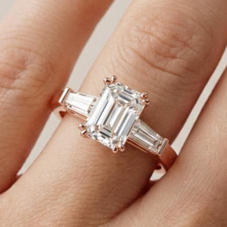 IGI Certified  Emerald Cut Lab Grown Diamond Engagement Ring, Side Baguettes 14k Rose Gold, Three Stone Wedding Ring
