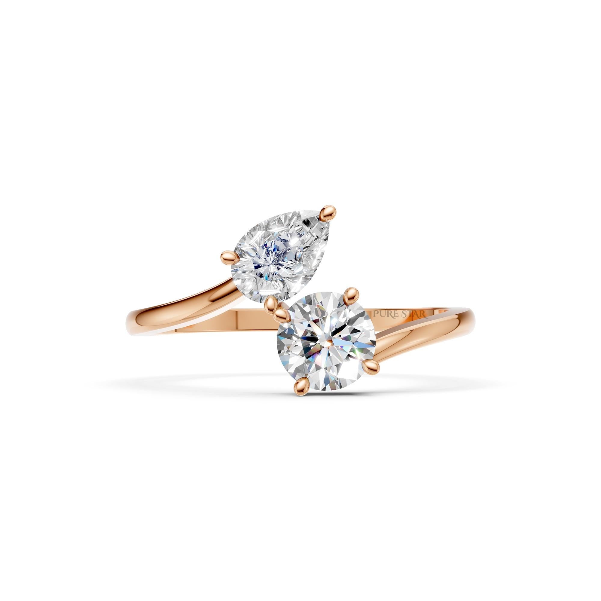 Toi et Moi Diamond Ring, Lab Grown Two Stone Engagement Ring, Pear & Round Gold Ring, Romantic Modern Promise Ring for Her