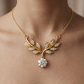 14k Gold Lab Diamond Leaf Necklace: Art Deco Pendant
