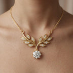 14k Gold Lab Diamond Leaf Necklace: Art Deco Pendant