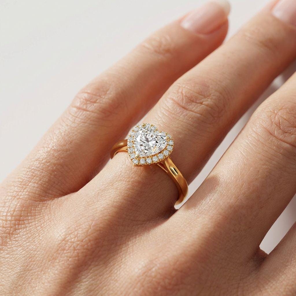 Heart Cut Lab Grown Diamond Ring | Halo Engagement Ring for Women | Romantic Luxury Jewelry in Solid Gold