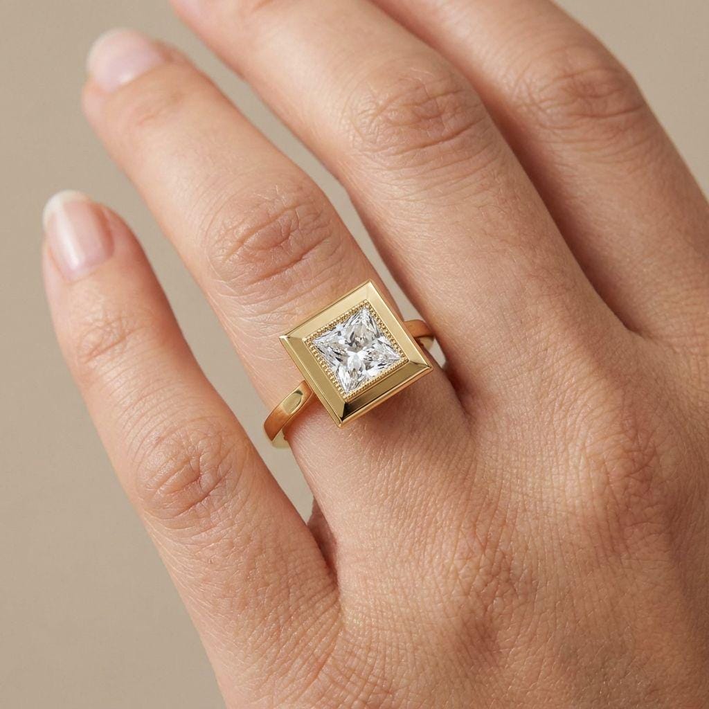 Princess Cut Bezel Diamond Ring Lab Grown Engagement Ring IGI Certified Solitaire Ring Gold Ring Elegant Gift for Her