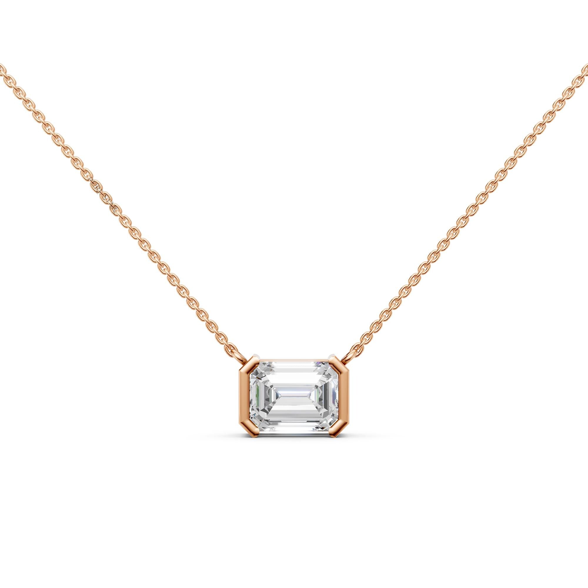 Emerald Cut Lab Grown Diamond Necklace | 4.00 CT Half Bezel Pendant in 14K Gold | IGI Certified Solitaire Wedding Necklace for Her