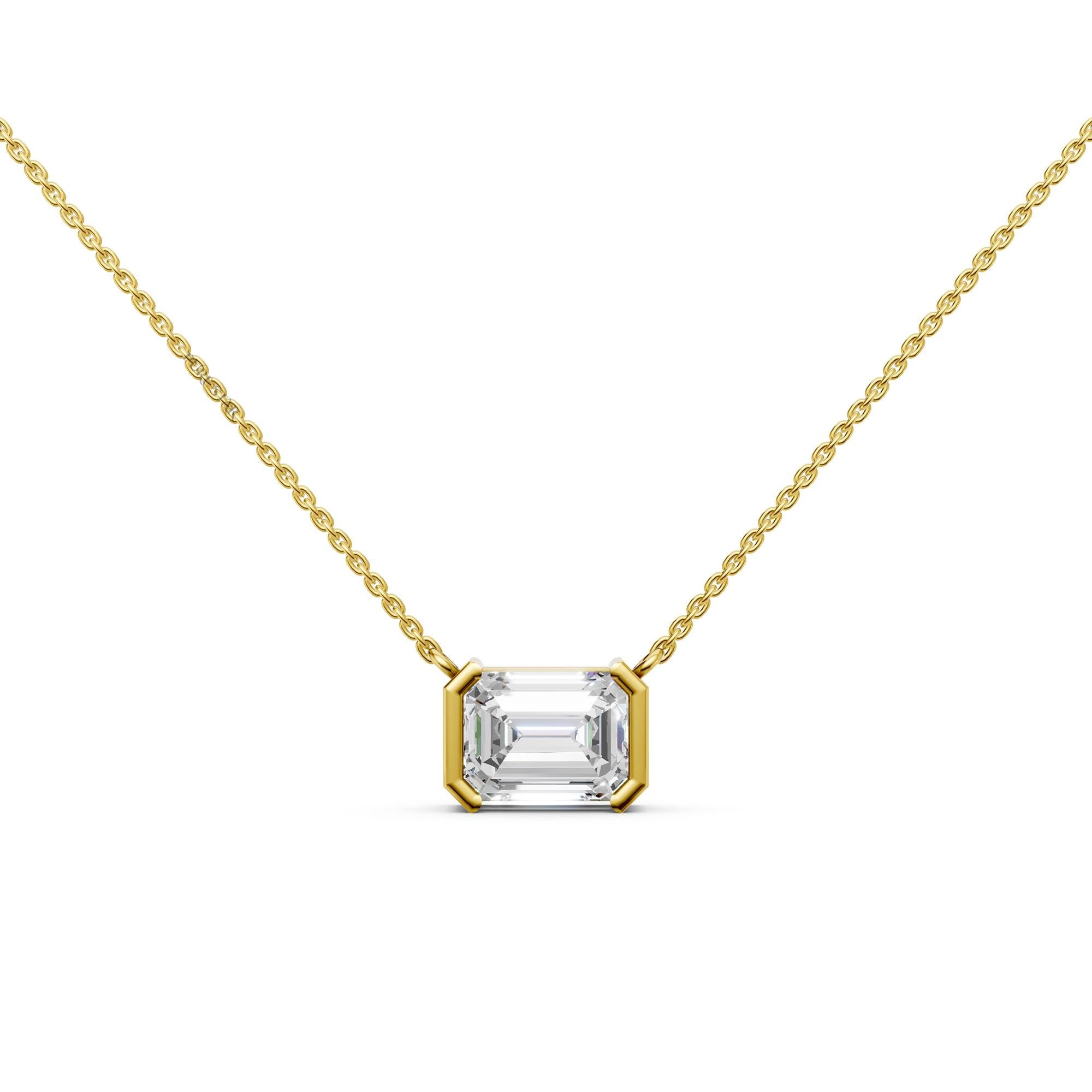 Emerald Cut Lab Grown Diamond Necklace | 4.00 CT Half Bezel Pendant in 14K Gold | IGI Certified Solitaire Wedding Necklace for Her