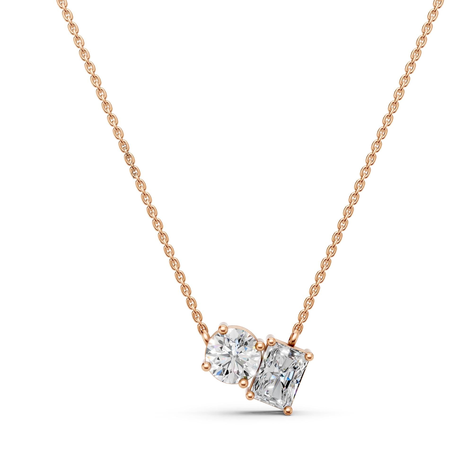 Toi Et Moi Diamond Necklace | Radiant & Round Two Stone Lab Grown Pendant in 14K Gold | Romantic Anniversary Gift for Her