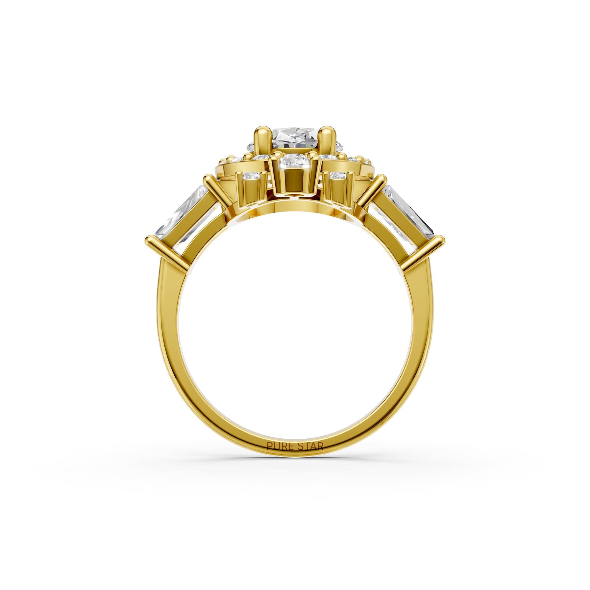 Oval Cut Diamond Halo Engagement Ring | Lab Grown Vintage Bridal Ring in Rose, White, Yellow Gold | Pear & Baguette Side Stones