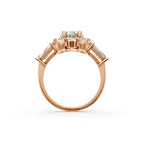 Oval Cut Diamond Halo Engagement Ring | Lab Grown Vintage Bridal Ring in Rose, White, Yellow Gold | Pear & Baguette Side Stones