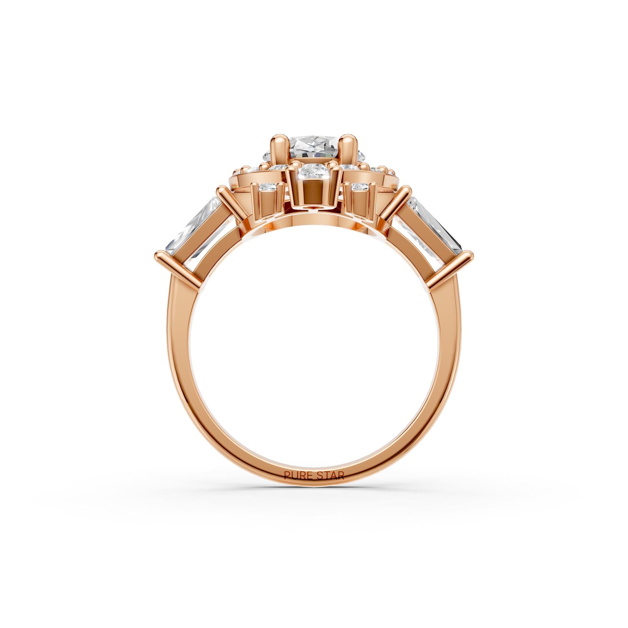 Oval Cut Diamond Halo Engagement Ring | Lab Grown Vintage Bridal Ring in Rose, White, Yellow Gold | Pear & Baguette Side Stones