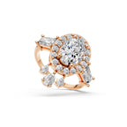 Oval Cut Diamond Halo Engagement Ring | Lab Grown Vintage Bridal Ring in Rose, White, Yellow Gold | Pear & Baguette Side Stones