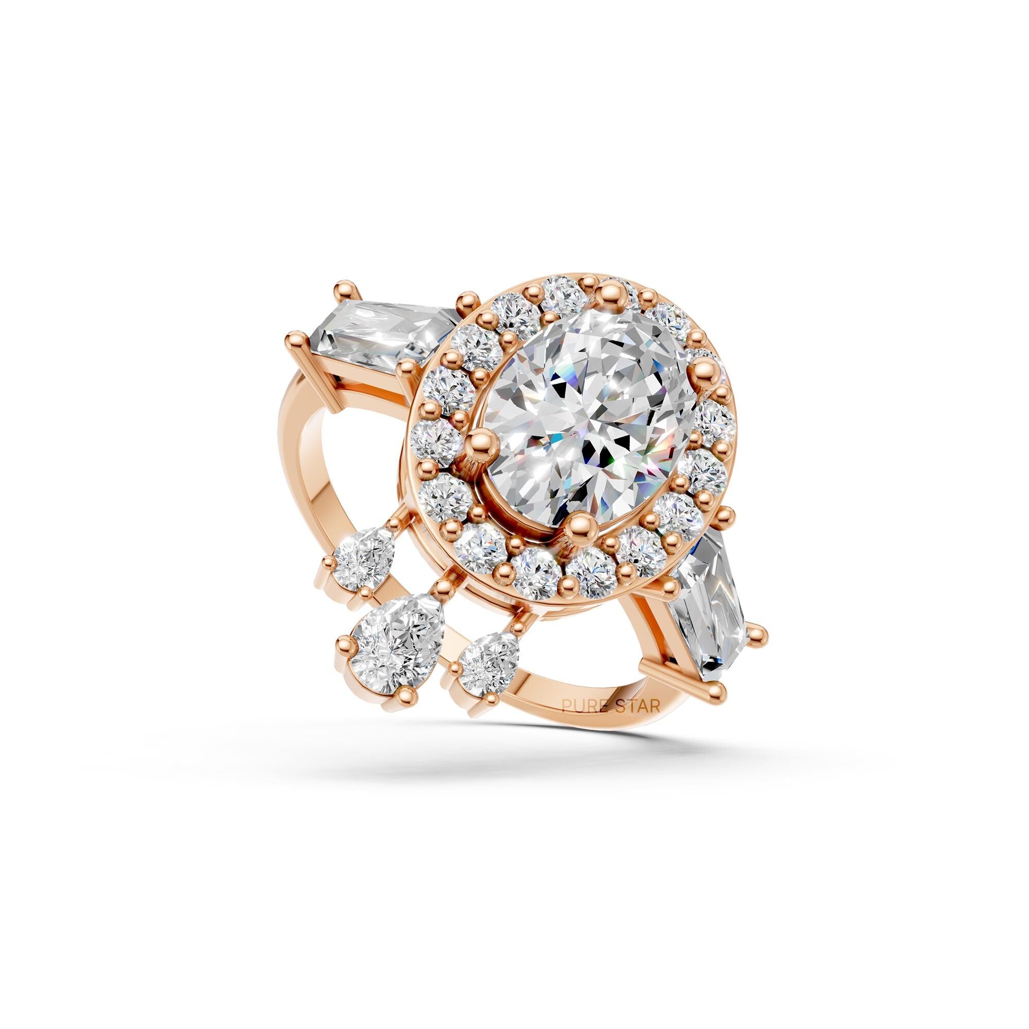Oval Cut Diamond Halo Engagement Ring | Lab Grown Vintage Bridal Ring in Rose, White, Yellow Gold | Pear & Baguette Side Stones