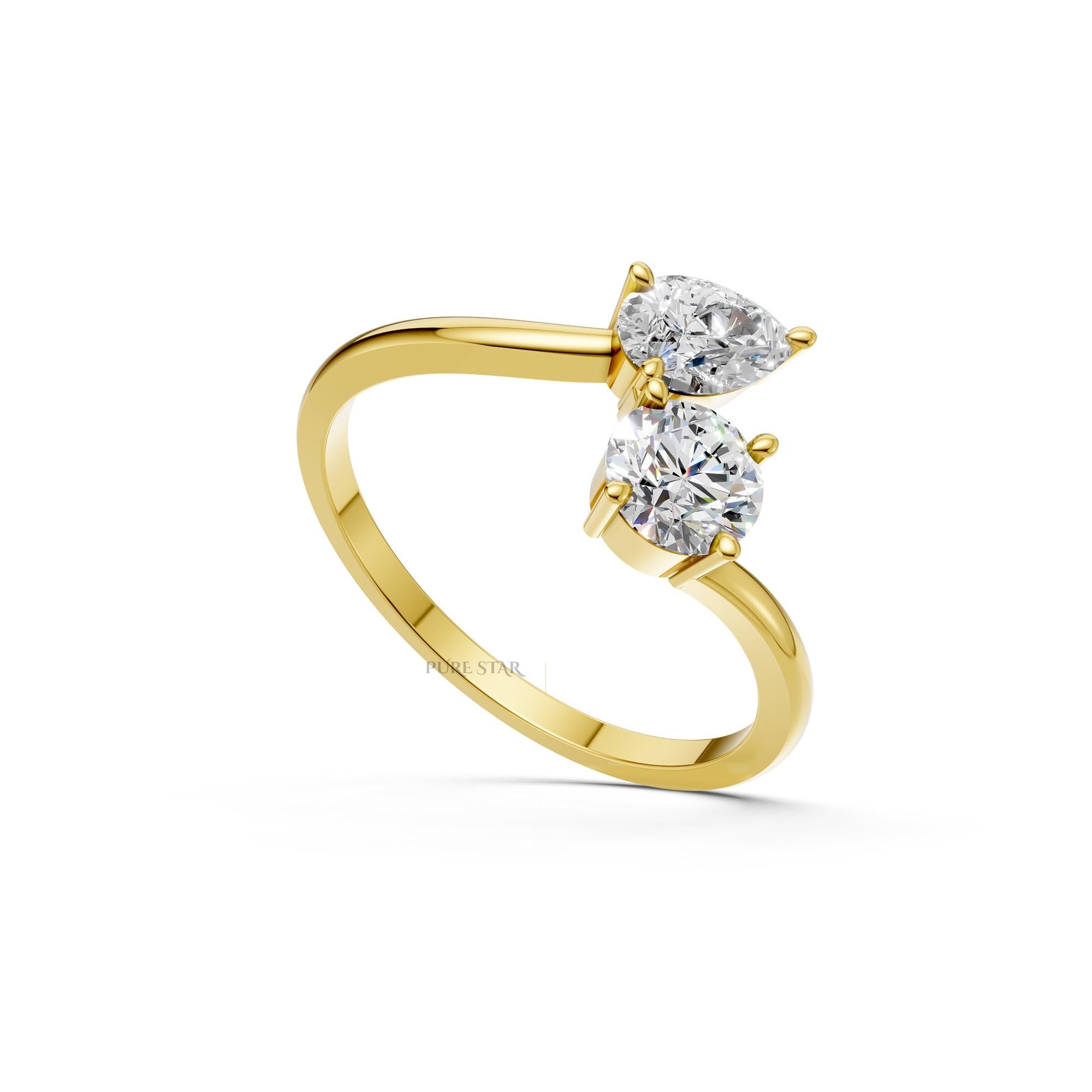 Toi et Moi Diamond Ring, Lab Grown Two Stone Engagement Ring, Pear & Round Gold Ring, Romantic Modern Promise Ring for Her