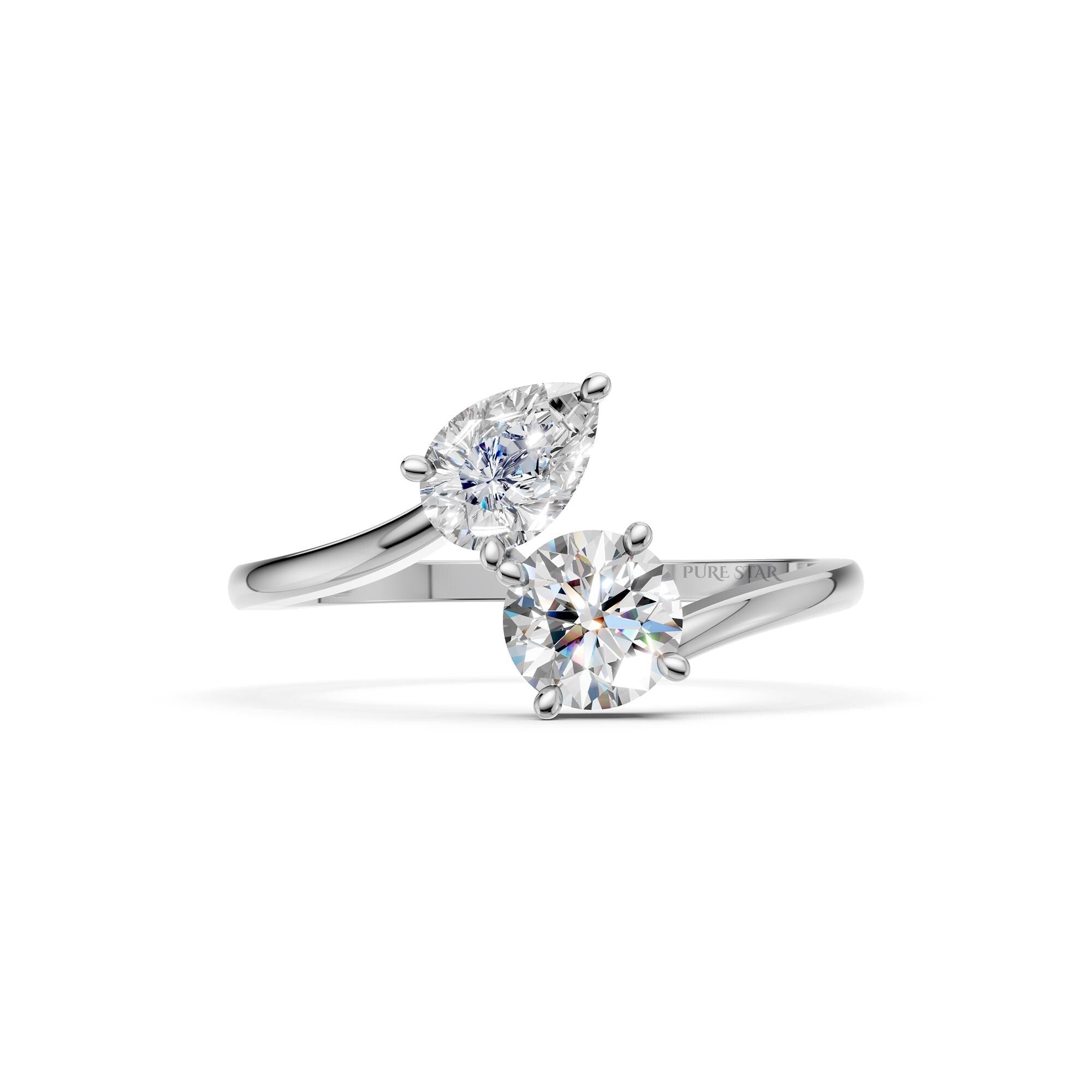 Toi et Moi Diamond Ring, Lab Grown Two Stone Engagement Ring, Pear & Round Gold Ring, Romantic Modern Promise Ring for Her