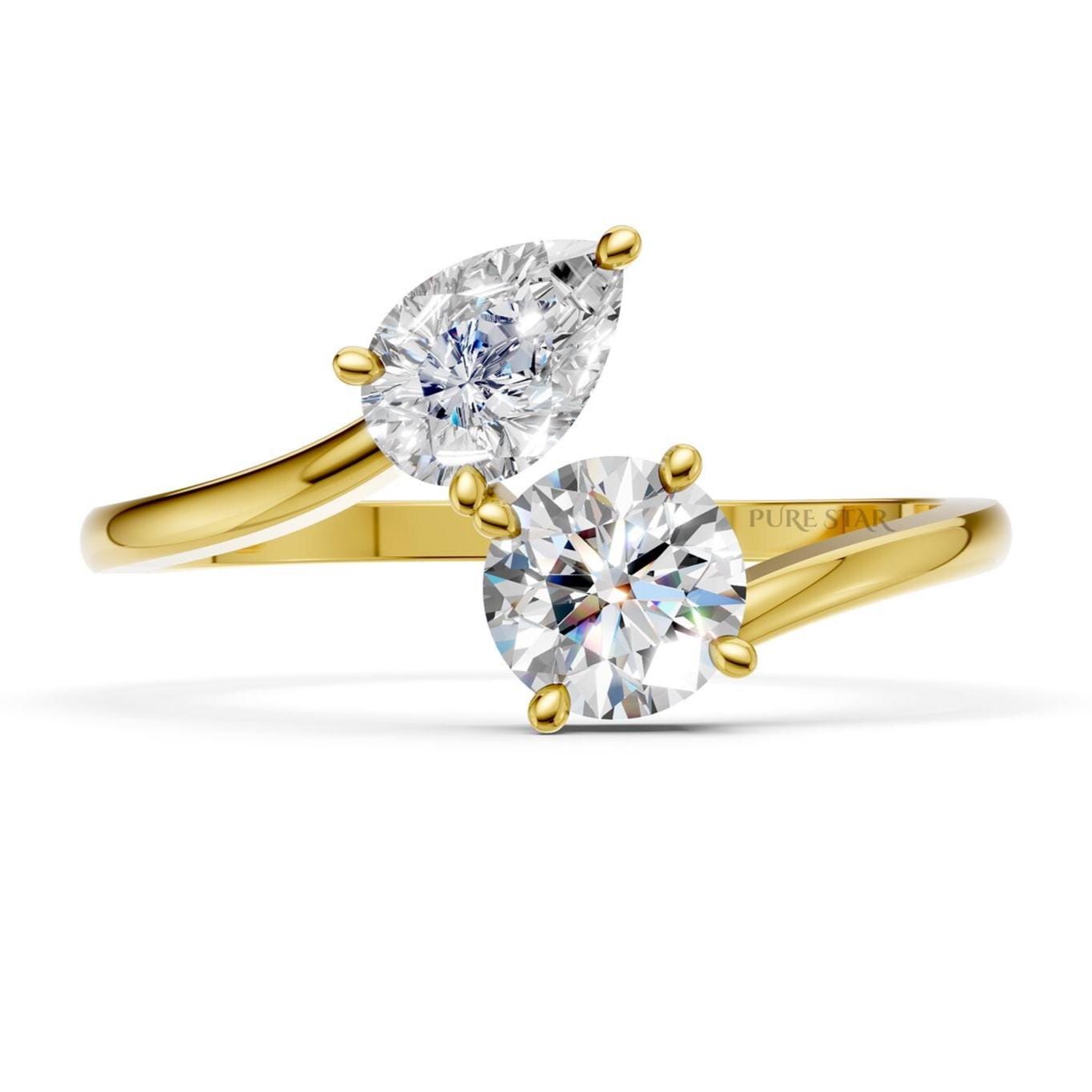 Toi et Moi Diamond Ring, Lab Grown Two Stone Engagement Ring, Pear & Round Gold Ring, Romantic Modern Promise Ring for Her