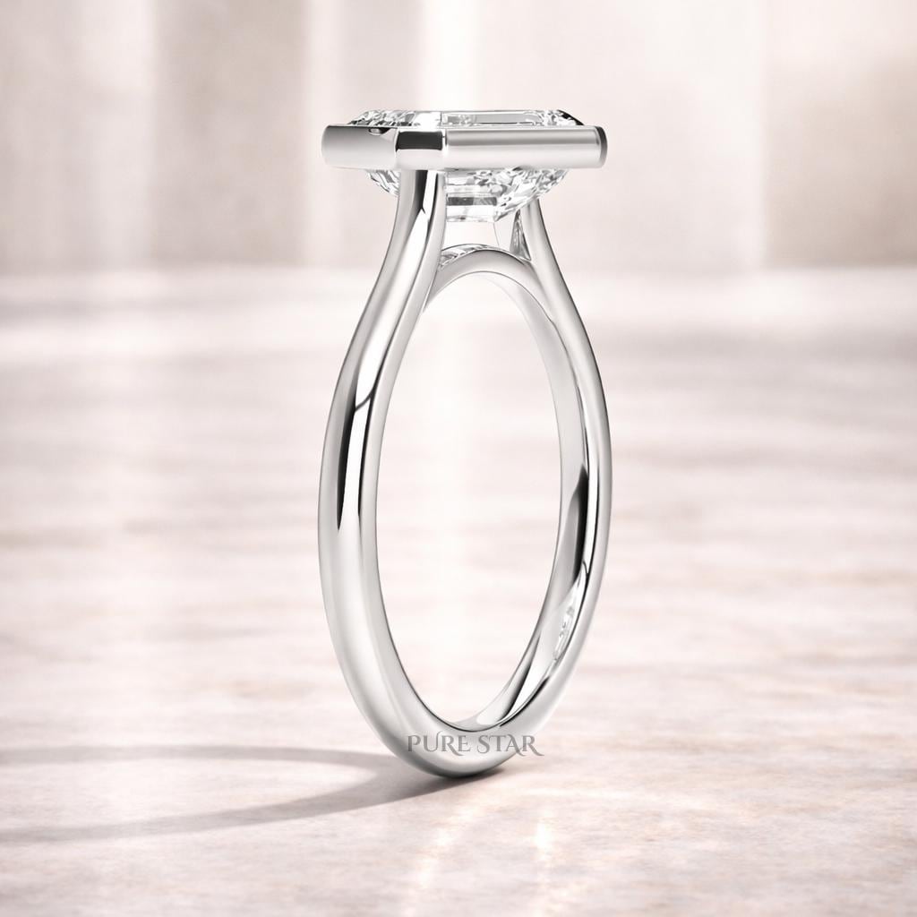 East West Lab Grown Diamond Ring | Bezel Solitaire Gold Engagement Ring | Modern Minimalist Anniversary Ring for Women
