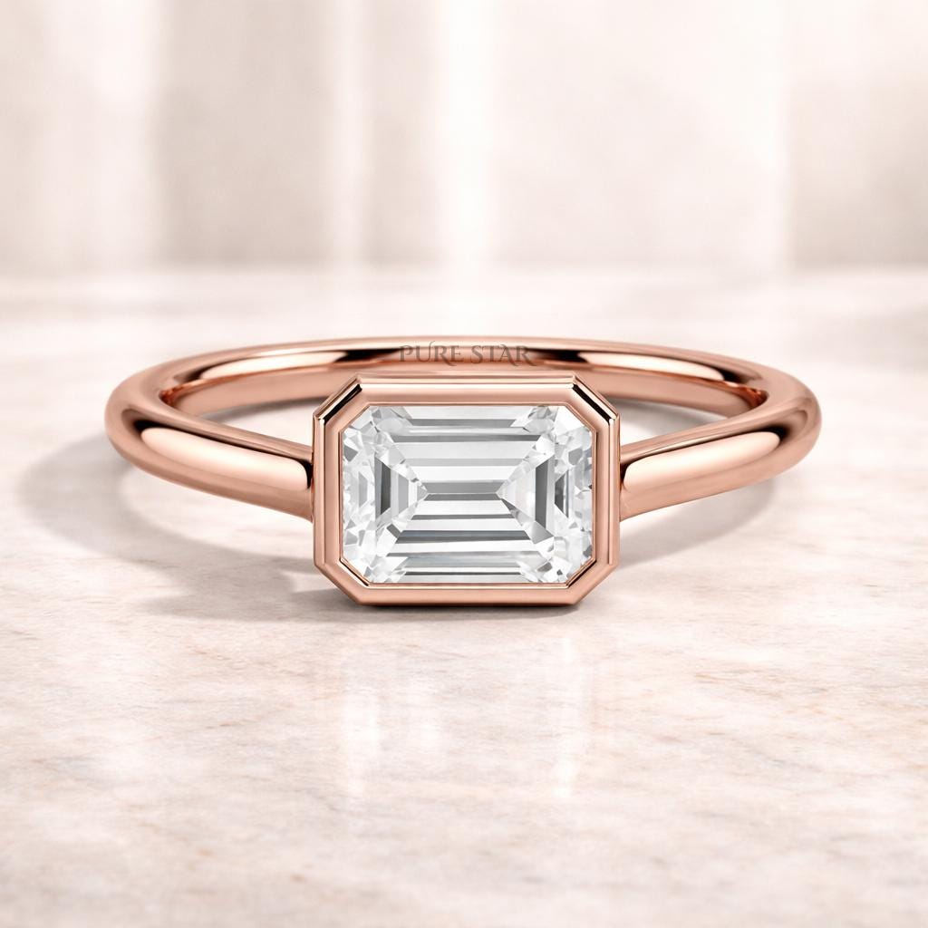 East West Lab Grown Diamond Ring | Bezel Solitaire Gold Engagement Ring | Modern Minimalist Anniversary Ring for Women
