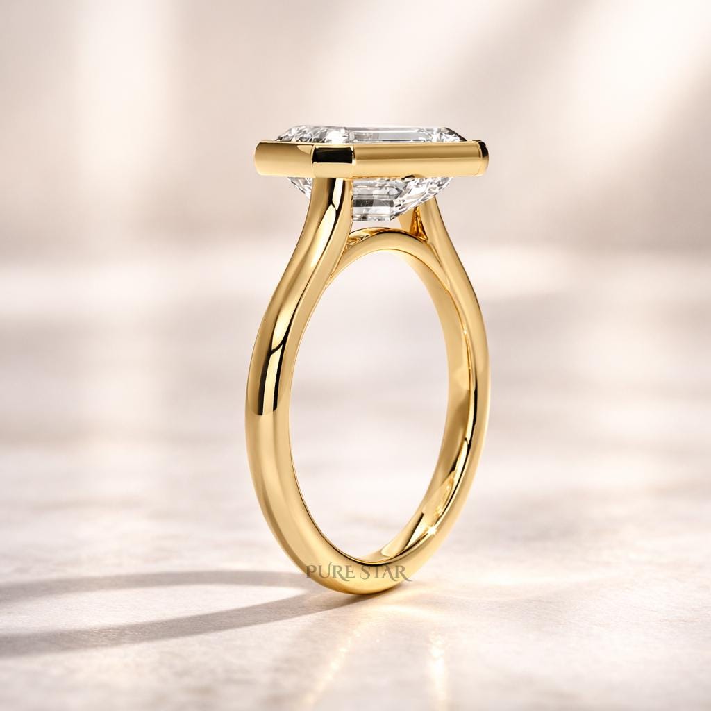 East West Lab Grown Diamond Ring | Bezel Solitaire Gold Engagement Ring | Modern Minimalist Anniversary Ring for Women