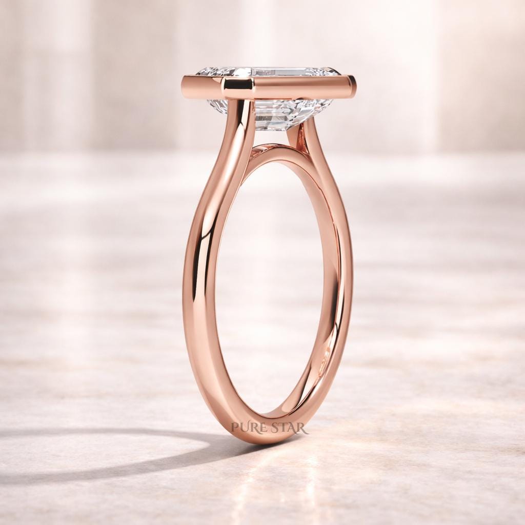 East West Lab Grown Diamond Ring | Bezel Solitaire Gold Engagement Ring | Modern Minimalist Anniversary Ring for Women