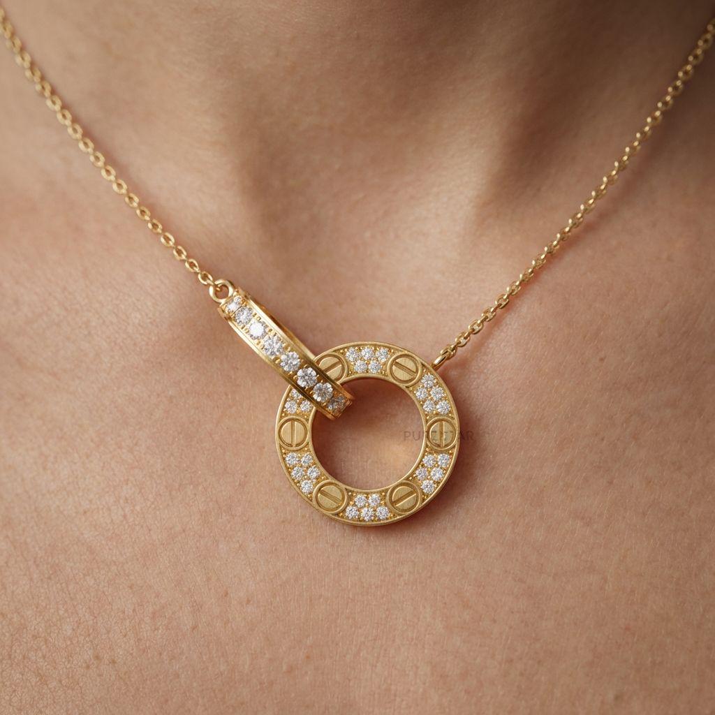 Minimalist Gold Lab Grown Diamond Pendant Necklace - Round Pave Setting