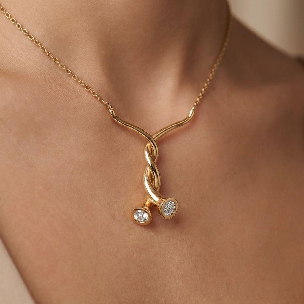 Lab Grown Diamond Whirl Pendant Necklace: 14K Yellow Gold Bezel Set
