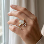 Oval Cut Diamond Halo Engagement Ring | Lab Grown Vintage Bridal Ring in Rose, White, Yellow Gold | Pear & Baguette Side Stones
