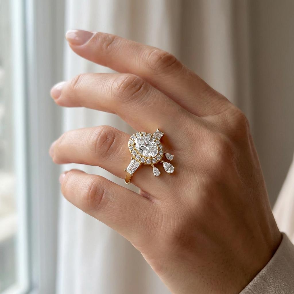 Oval Cut Diamond Halo Engagement Ring | Lab Grown Vintage Bridal Ring in Rose, White, Yellow Gold | Pear & Baguette Side Stones