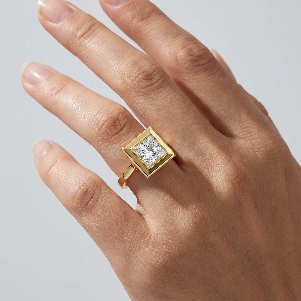 Princess Cut Bezel Diamond Ring Lab Grown Engagement Ring IGI Certified Solitaire Ring Gold Ring Elegant Gift for Her