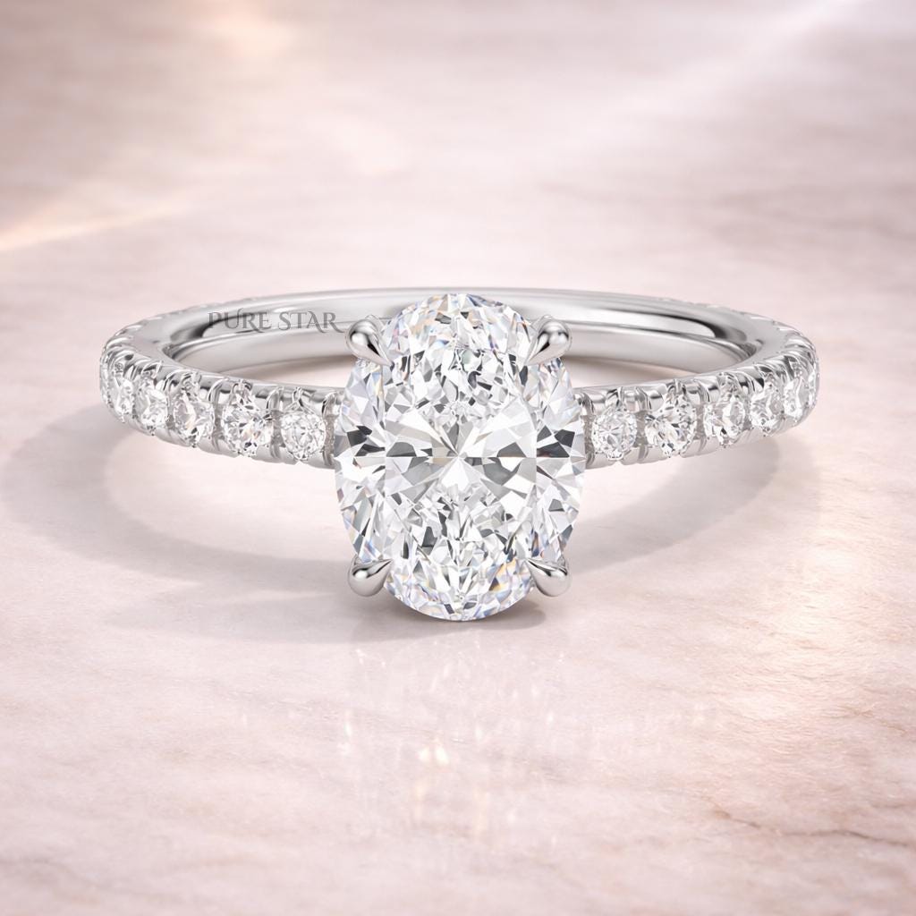Oval Hidden Halo Lab Grown Diamond Ring | Three Quarter Eternity Band in Solid Gold | Anniversary Wedding Ring for Women