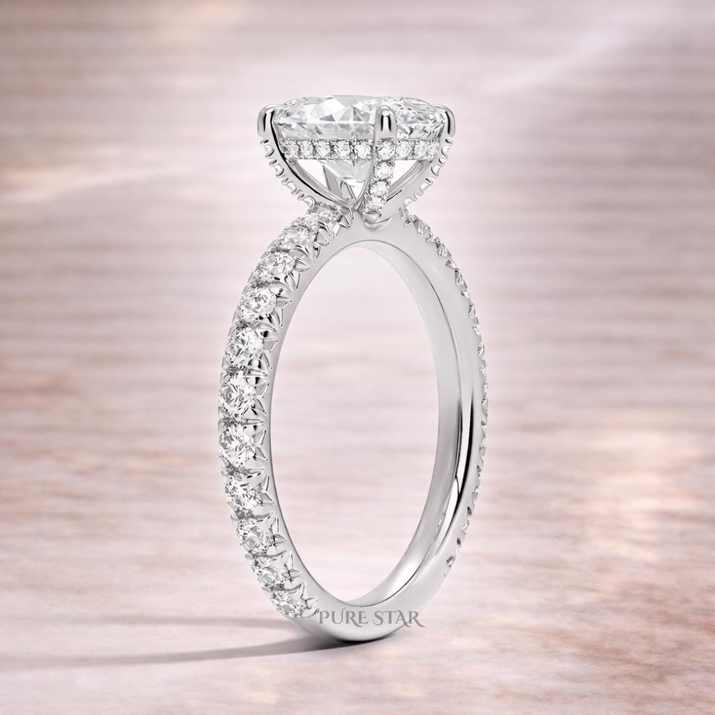 Oval Hidden Halo Lab Grown Diamond Ring | Three Quarter Eternity Band in Solid Gold | Anniversary Wedding Ring for Women