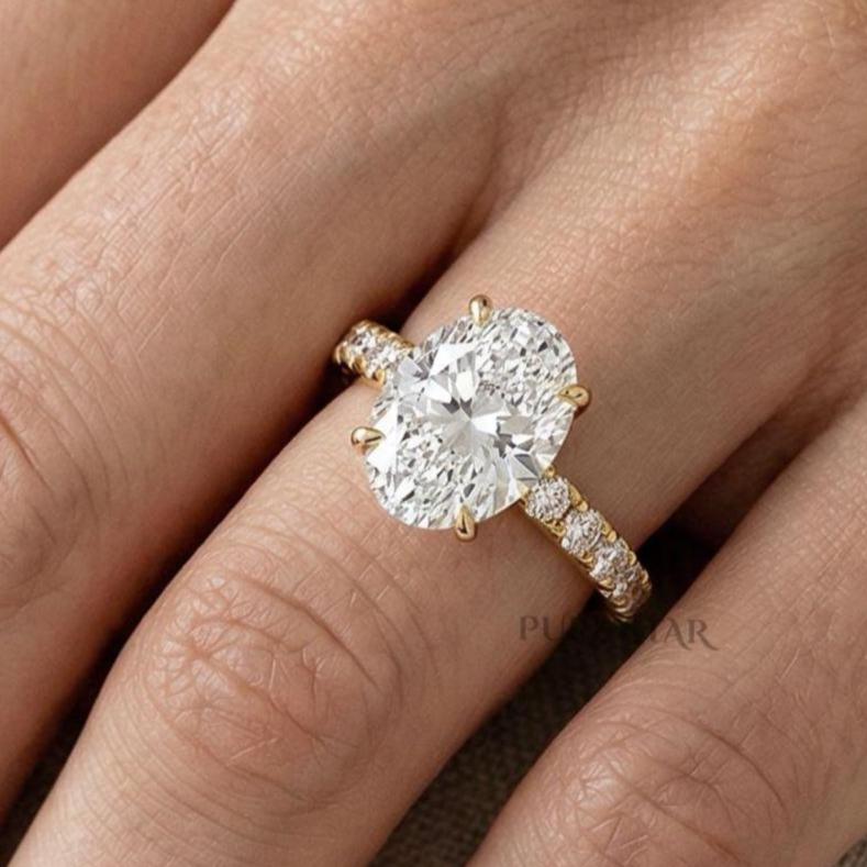 Oval Hidden Halo Lab Grown Diamond Ring | Three Quarter Eternity Band in Solid Gold | Anniversary Wedding Ring for Women