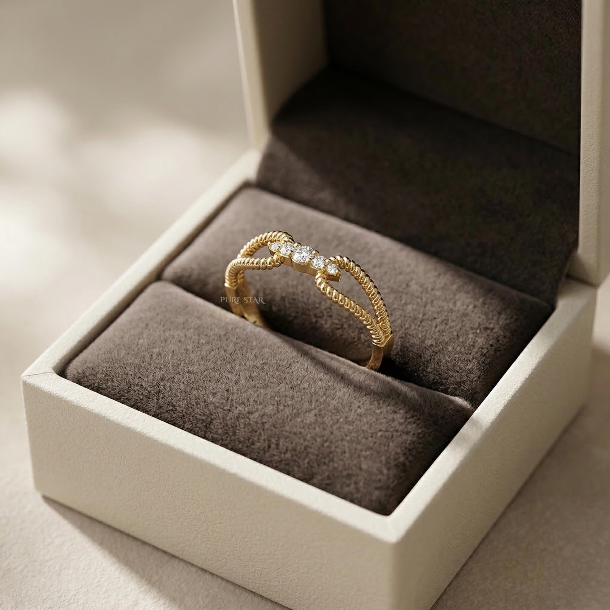 Round Lab Grown Diamond Ring, Double Rope Band Gold Ring, Unique Luxury Diamond Statement Ring for Women, Modern Engagement Ring