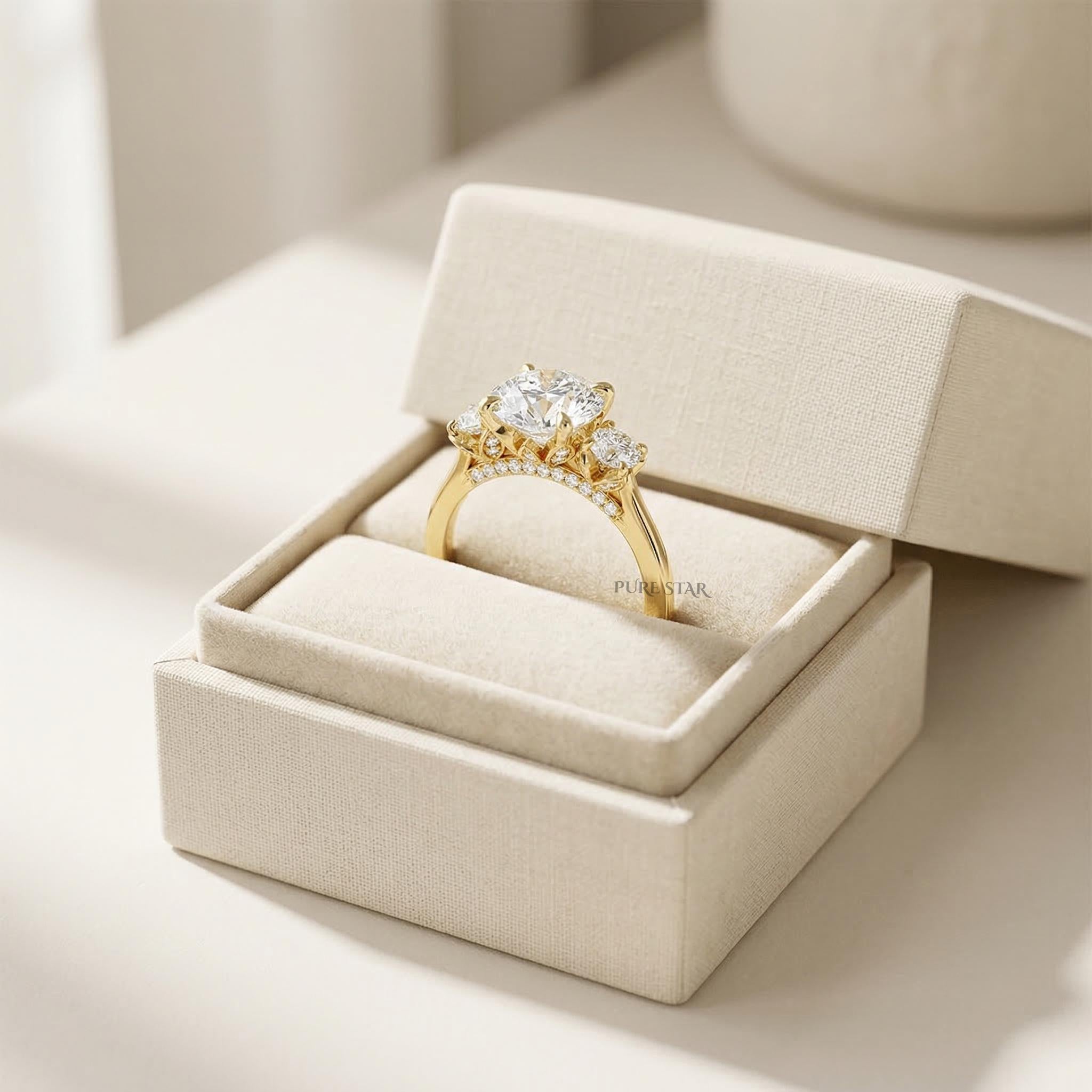 Lab Grown Diamond Three Stone Ring, Round Hidden Halo Engagement Ring, Modern Trilogy Diamond Ring for Women, Luxury Bridal Proposal Ring