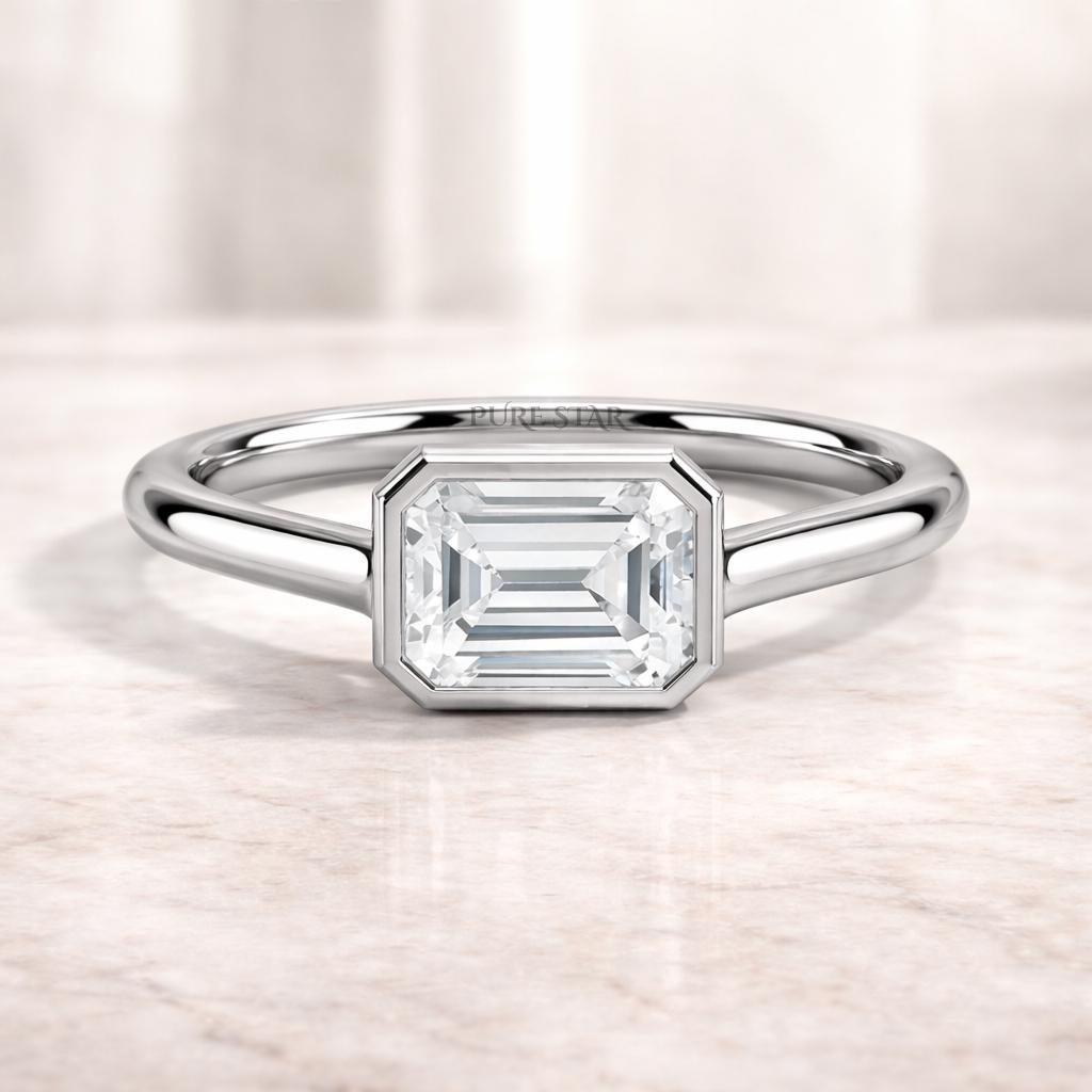 East West Lab Grown Diamond Ring | Bezel Solitaire Gold Engagement Ring | Modern Minimalist Anniversary Ring for Women