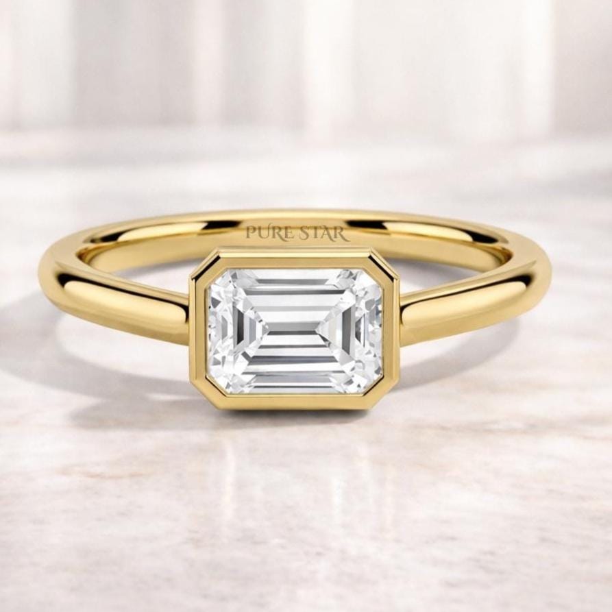 East West Lab Grown Diamond Ring | Bezel Solitaire Gold Engagement Ring | Modern Minimalist Anniversary Ring for Women