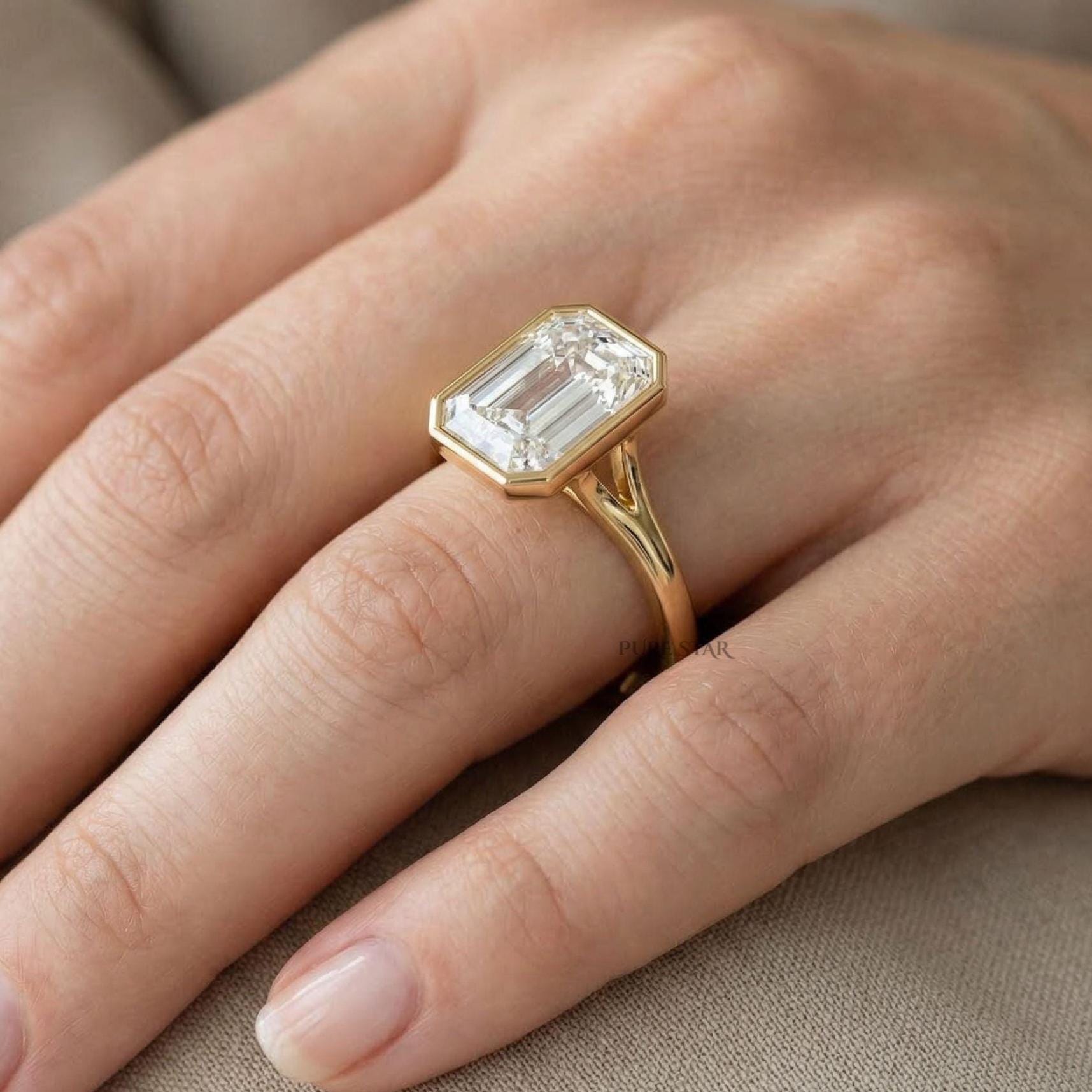 Lab Grown Emerald Cut Engagement Ring 2CT Bezel Set Diamond Ring Minimalist Solitaire Proposal Ring Modern Bridal Jewelry Gift