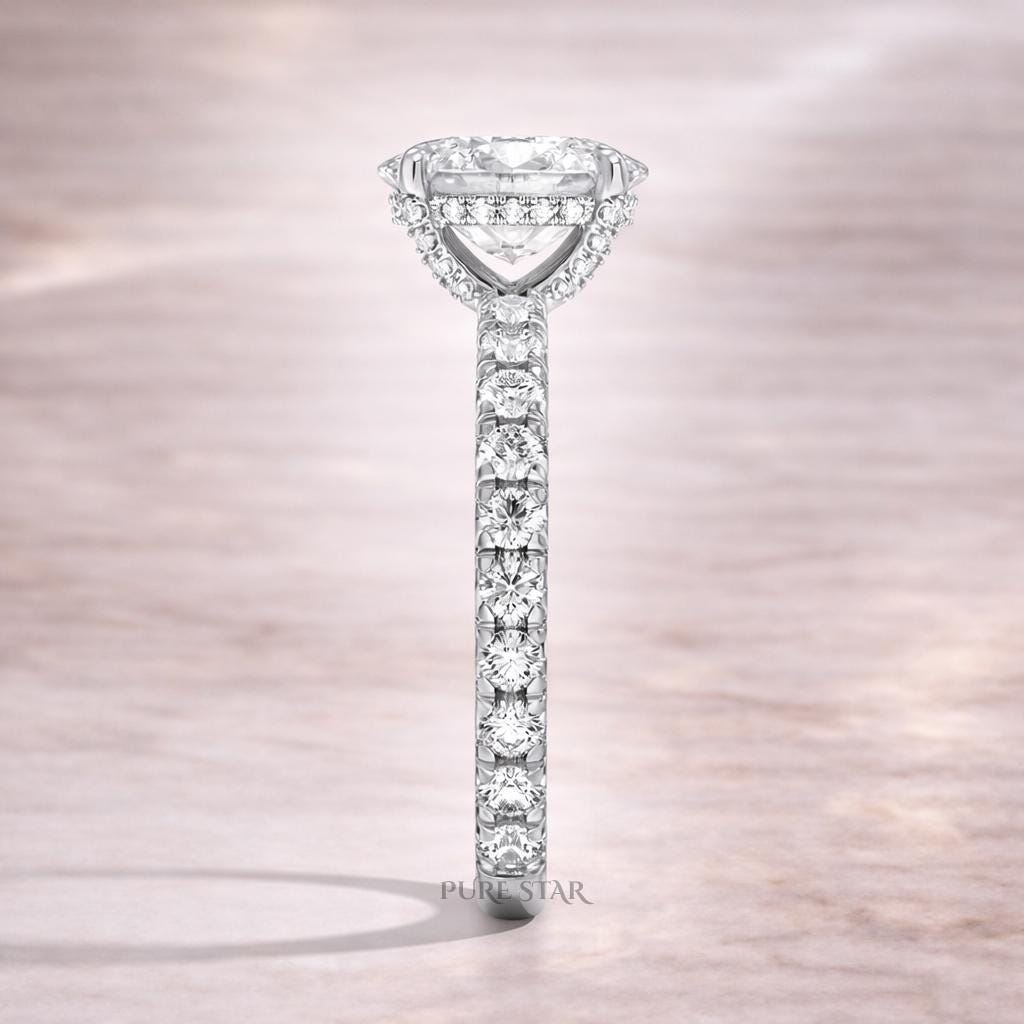 Oval Hidden Halo Lab Grown Diamond Ring | Three Quarter Eternity Band in Solid Gold | Anniversary Wedding Ring for Women